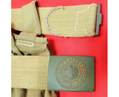 WW2 German tropical Afrika Korps D.A.K. belt with 1940 dated buckle &amp; named bread bag. Features Steel buckle stamped D” &