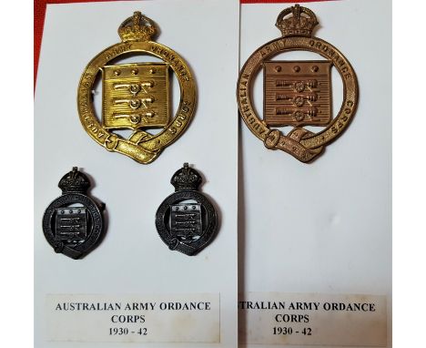 1930-42 Australian Army Ordnance Corps badges (4). 2 x cap brass badges; 2 x collar oxidised badges.