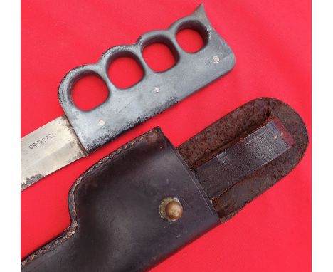 WW2 Australian special forces knuckle knife &amp; sheath by Gregsteel, named to Captain Lucier. Features heavy 2-piece alloy 