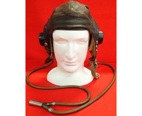 WW2 Australian/British fighter pilot type C leather flying helmet with training gosport speaking tube.Features supple leather