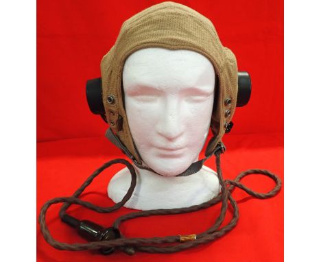 WW2 Australian/British tropical Air Force type E flying helmet. Features tan aertex cloth in excellent condition showing ligh