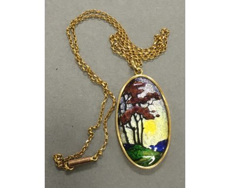 Limoges Enamel Oval Pendant depicting Sunset and Trees signed to reverse Issanchou, Limoges on 9ct Gold Chain 