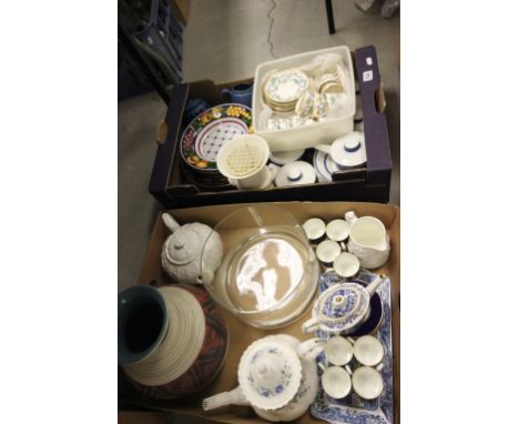 Two Trays of Mixed Ceramics including T Goode Part Tea Service, Coffee Cans and Saucers, Teapots, Vases, Minton, Wedgwood, Ro