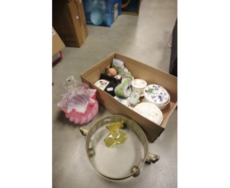 Frilled Pink Glass Bowl, Yellow Glass Perfume Bottle and Three Floral Encrusted Shoes plus Various Ceramic Trinket Boxes and 