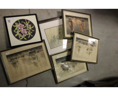 Four Hogarth Framed 19th century Naval Coloured Engravings together with J Michael Curron Watercolour and Silk Print