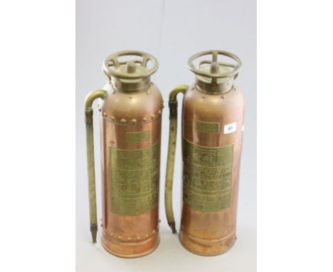 Pair of Vintage Copper and Brass Empire Fire Extinguishers, No. 20