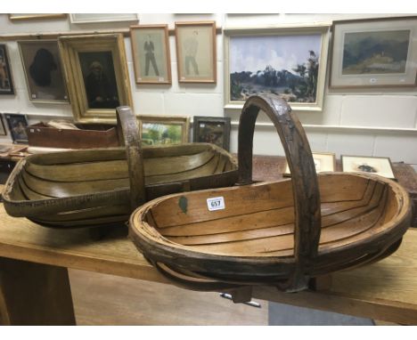 Two vintage hazel wood trugs
