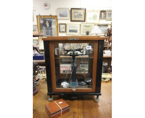 W&J George and Becker Ltd 1960's scientific balances/scales in bespoke wood and glass cabinet with wooden box of weights (100