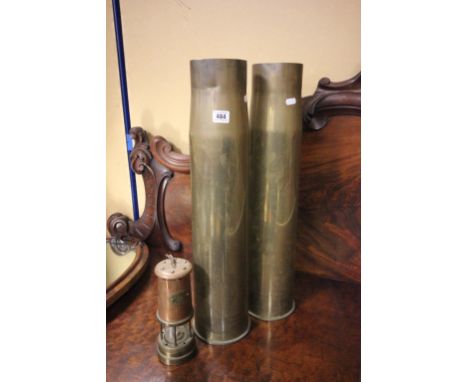 Pair of Large Brass Military Shell Cases together with Copper and Brass Miners Lamp