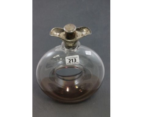 Edwardian Glass Doughnut Decanter with Double Spout Silver Collar, Birmingham 1908