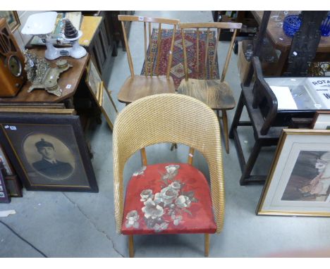 Pair of Ercol ? Elm Seated Stick Back Chairs plus Wicker Tub Chair