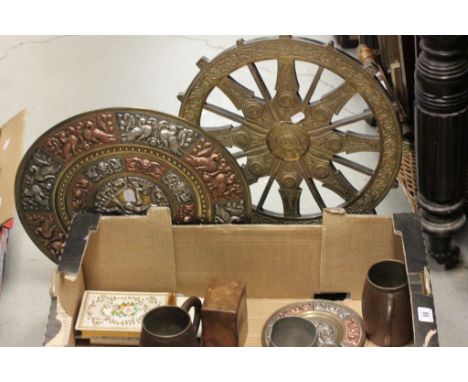 Mixed Lot comprising Two Oriental Thanjavur Chargers, Two Wooden Military Tankards, Selangor Pewter Tankard 1948, Vintage Lac