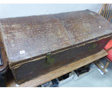Antique leather bound pine trunk