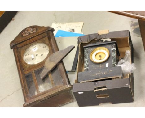 Victorian Slate Mantel Clock together with an Oak Cased Hanging Wall Clock