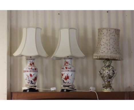 Pair of Japanese Style Ceramic Table Lamps together with a Capodimonte Style Table Lamp