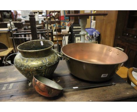 Copper Jam Pan with Brass Handles, Copper Ladle and a Brass Indian Planter