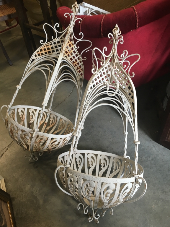 Pair of White Wrought Iron Ornate Hanging Baskets