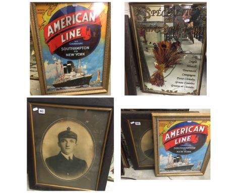 Frame & glazed American line advertising poster, wooden framed portrait of a young sailor, vintage French Patisserie fine mir