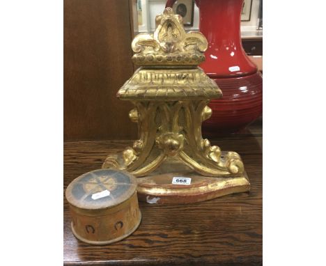 Gilt Wooden Wall Bracket and Circular Turned Wooden Box