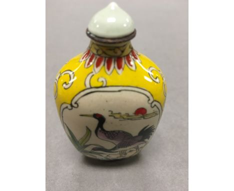 Chinese enamel on copper perfume bottle depicting storks