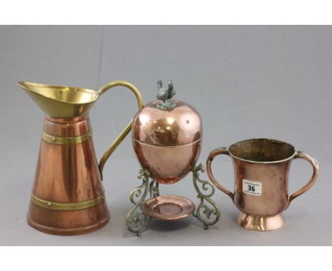 Victorian Copper Two Handled Mug, Copper Egg Coddler with Chicken Finial and Brass and Copper Jug