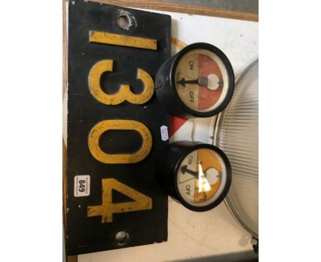 Two railway signal gauges, railway engine number cast iron sign plus another