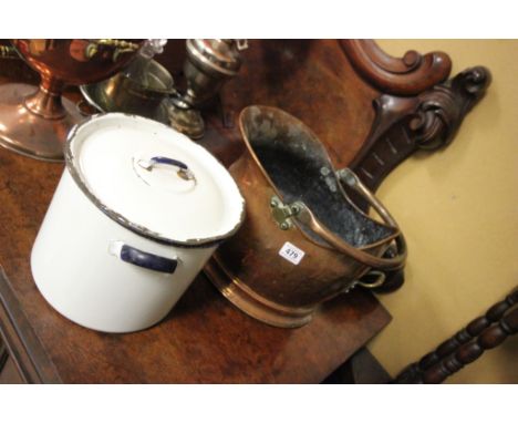 Copper Coal Scuttle and Enamel Flour Bin