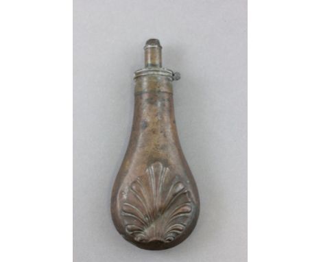 An antique gun powder flask with scalloped decoration stamped patent