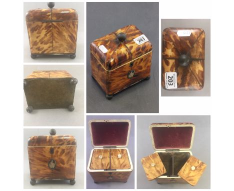 Early 19th century Tortoiseshell Two Compartment Tea Caddy with Ball Finial and Four Ball Feet