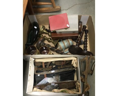 Mixed Lot comprising Pair Oak Twisted Candlesticks, Poole Pottery Dolphin, Cased Cutlery, Ice Skates, etc