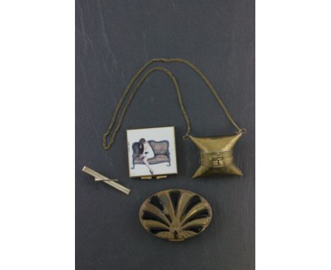 Art Deco Style Fifth Rex Avenue Compact, Gilt Metal Purse on Chain and another Travelling Mirror and Stratton Hunting Pin