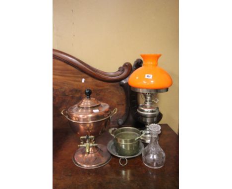 Copper Twin Handled Urn, Oil Lamp converted to Electric, Small Glass Decanter and other Metalware