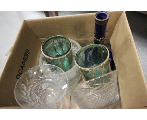 Three Cut Glass Bowls and a Vase, Gilt Metal Mounted Blue Ceramic Bottle Neck Vase and Two Green Glass Bowls