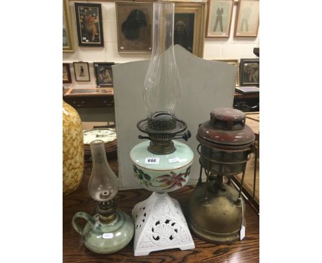 Victorian Oil Lamp, Pottery Oil Lamp and a Tilley Lamp