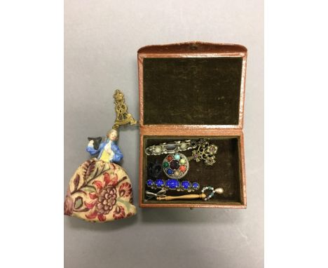 Ceramic Pin Doll together with Various Brooches 