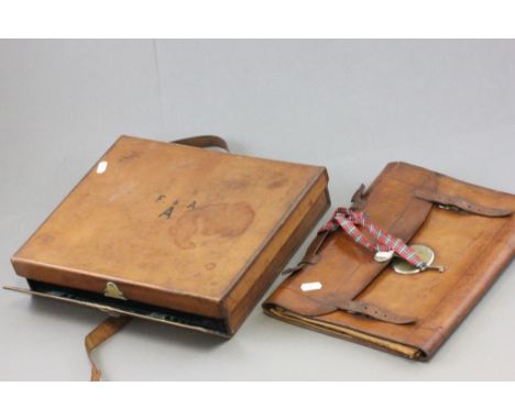 Early 20th century Tan Leather Stationery Case with Green Tooled Leather Interior retailed by Finnigans together with a Vinta
