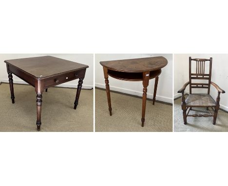 A Victorian mahogany kitchen table with single end drawer, on turned tapering legs, 92 cm wide x 90 cm deep x 76 cm high, a m