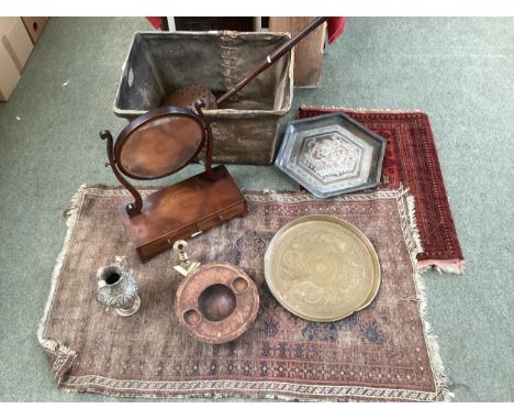A rustic hyde log basket , a brass chestnut/warming pan , a boot jack  and two Persian style rugs