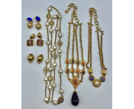 A Givenchy Couture yellow metal and synthetic pearl necklace and earrings, a Givenchy yellow metal enamel and synthetic ameth