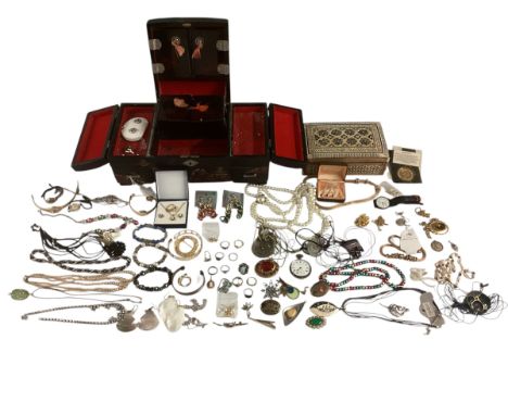 A collection of costume and couture style jewellery and high street fashion watches contained within an Oriental lacquered je