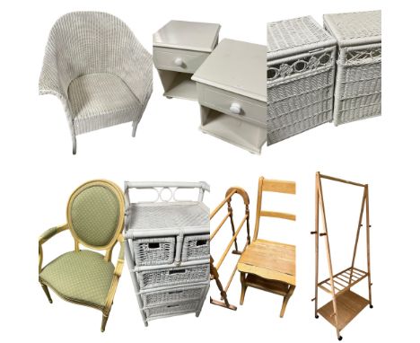 A general lot of contemporary furniture , to include cream and green upholstered modern armchair, a pine style modern A frame