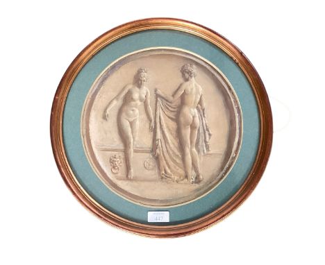 Fortunino Matania (1881-1963)Mixed media on paper of two classical ladies bathing in a circular glazed frame. 27cm. Unsigned.
