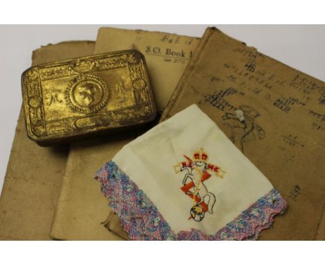 WW1 Prncess Marys Gift Tin 1914 with card insert: Post WW2 REME Sweetheart Hankie: three post war REME notebooks with electic