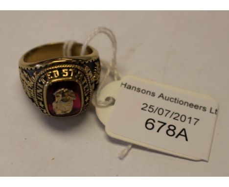 United States Marines Corps Ring in yellow metal with red detail to the top and the USMC Globe and Anchor insignia, Size V wi