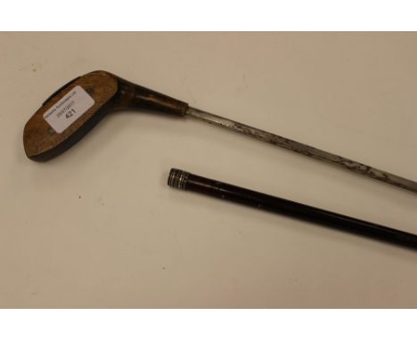 A Victorian novelty sword stick in the form of a No3 Golfing Putter having Hallmarked silver mounts. 