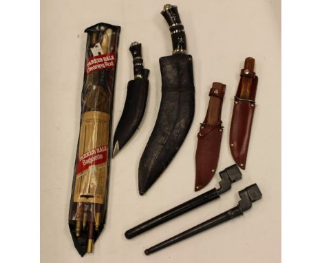 Two Kukri knives, two hunting knives and two WW2 British No4 MKII bayonets (one with Austerity plastic scabbard) and a Parker