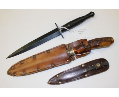 British Post war production Third Pattern F-S Knife. 175mm double edged black blade. Maker marked "William Rodgers, Sheffield