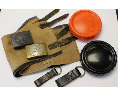 WW2 Third Reich field gear and personal items collection. Pair of retreat Gaiters RB numbered 0/0540/5789: fat container in b