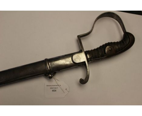 WW1 German Officers Dovehead Sword. 83cm etched decorated blade. Plated scabbard with two suspension rings.