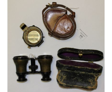 WW1 British Officers Private Purchase Compass. Unmarked. In leather case. Together with a pair of cased Opera glasses by Cric